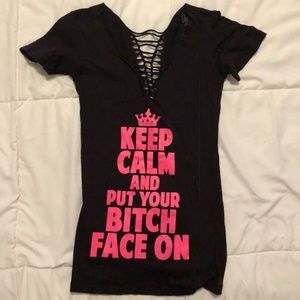 "Keep Calm" Black T-Shirt with Woven Back